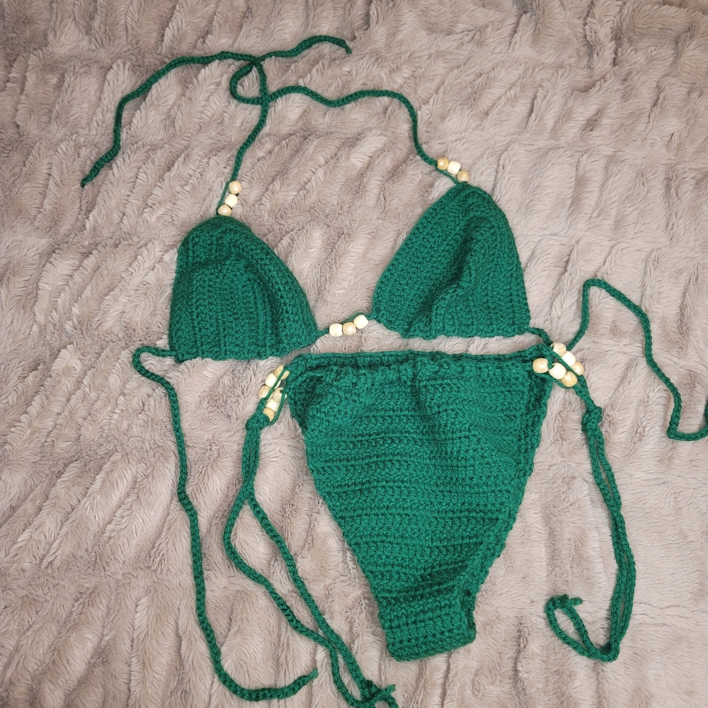 Handmade Boho One Of A Kind Green Crochet Sunbathing Set Bohemian